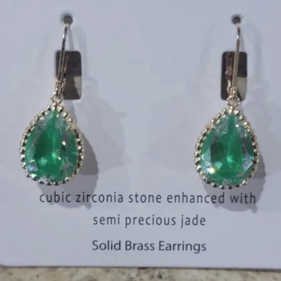 Green & Gold-tone Cubic Zirconia Pear Cut Jade Drop Earrings - Picture 1 of 3